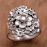 Sterling silver cocktail ring, 'Parade of Jepun' - Sterling Silver Floral Cocktail Ring by Balinese Artisans