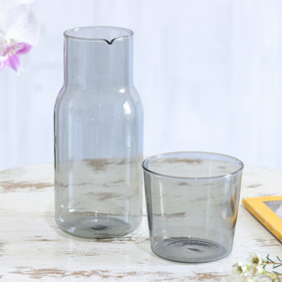 Handblown carafe set, 'Misty Elixir' - Handblown Clear Black Pitcher and Rocks Glass Set