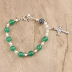 Green Quartz and Cultured Pearl Cross Bracelet from India, 'Blissful Purity'