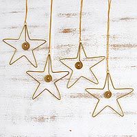 Golden grass ornaments, 'Golden Stars' (set of 4) - Golden Grass and Rhinestone Star Ornaments (Set of 4)