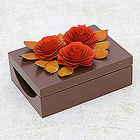 Wood decorative box, 'Fabulous Rose' - Wood Decorative Box with Orange Roses Hand-Carved in Brazil