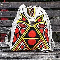 Hand-painted cotton backpack, 'Tribal Origins' - Hand Crafted Pataxo Motif Backpack