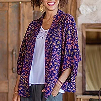 Batik rayon kimono jacket, 'Kintamani' - Batik Kimono Jacket in Blue Purple & Brown with Leaf Motifs