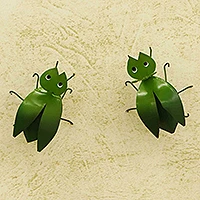 Iron figurines, 'Mantis Charm' (pair) - Pair of Handcrafted Mantis-Themed Iron Figurines from Brazil