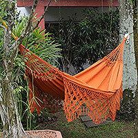 Cotton hammock, 'Sunrise Eden' (single) - Loomed Sunrise Cotton Hammock with Crocheted Motifs (Single)