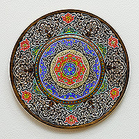 Wood wall art, 'Uzbek Petals' - Handcrafted Lacquered Walnut Wood Wall Art with Floral Motif