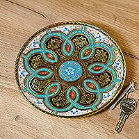 Brass wall art, 'Heaven's Blossom' - Green and White Floral Brass Wall Art from Uzbekistan