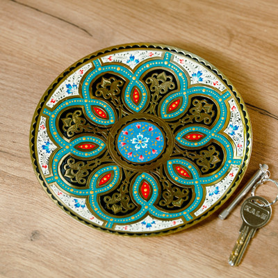 Brass wall art, 'Heaven's Blossom' - Green and White Floral Brass Wall Art from Uzbekistan