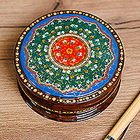 Wood jewelry box, 'Classic Arcadia' - Hand-Painted Round Classic Floral Walnut Wood Jewelry Box