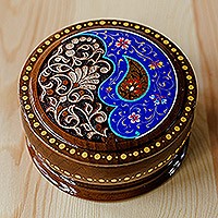 Wood jewelry box, 'Azure Paisley Glory' - Brown and Blue Wood Jewelry Box with Paisley & Floral Motifs
