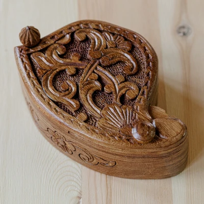 Wood puzzle box, 'Ancient World Treasure' - Hand-Carved Floral and Leafy Elm Tree Wood Puzzle Box