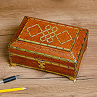 Embossed leather jewelry box, 'Floral Rhombuses' - Handcrafted Wood Embossed Leather Tin & Brass Jewelry Box