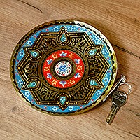 Brass wall art, 'Blue Paradise Drops' - Geometric Blue and Black Brass Wall Art with Drop Motifs