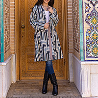 Cotton oversized coat, 'Ikat Labyrinth' - Ikat-Patterned Blue and Black Cotton Oversized Coat