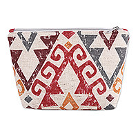 Cotton blend cosmetic bag, 'Red Legends' - Geometric-Patterned Red Cotton Blend Cosmetic Bag