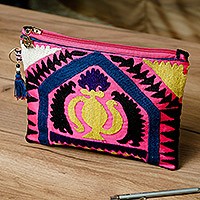 Upcycled suzani travel bag, 'Yellow Teapot' - Uzbek Upcycled Travel Bag with Hand-Embroidered Teapot Motif