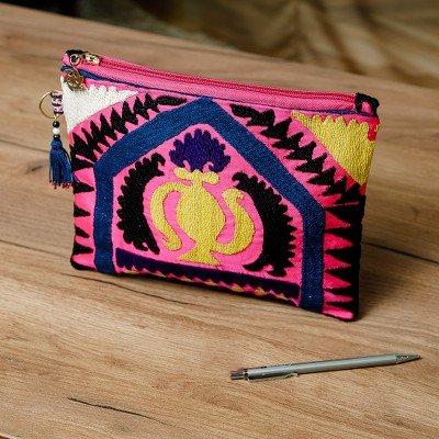 Upcycled suzani travel bag, 'Yellow Teapot' - Uzbek Upcycled Travel Bag with Hand-Embroidered Teapot Motif