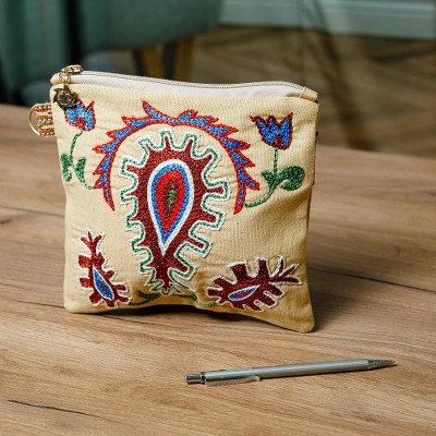 Hand-embroidered cotton cosmetic bag, 'Precious Beauty' - Uzbek Cotton Cosmetic Bag with Hand Embroidered Motifs