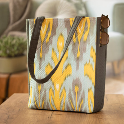 Ikat tote bag, 'Joyfulness' - Grey Yellow & Light Blue Traditional Ikat Patterned Tote Bag