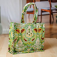 Silk velvet handle bag, 'Green Adoration' - Pomegranate-Themed Green Silk Velvet Handle Bag