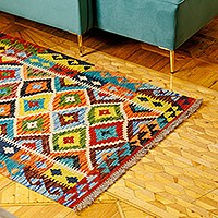 Wool area rug, 'Silk Road Jewels' (3x5) - Handwoven Geometric Wool Area Rug in a Warm Palette (3x5)