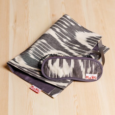 Ikat silk blend bag and sleep mask travel set, 'Exciting Journeys' - Grey and White Ikat Silk Blend Bag and Sleep Mask Travel Set