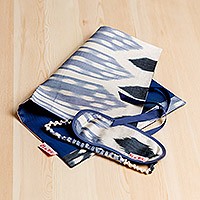 Ikat silk blend bag and sleep mask travel set, 'Delightful Voyages' - Blue and White Ikat Silk Blend Bag and Sleep Mask Travel Set