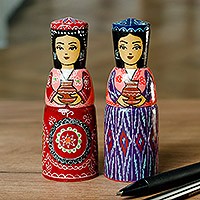 Wood figurines, 'Dushanbe Dames' (set of 2) - Set of Two Blue and Red Wood Figurines of Traditional Girls