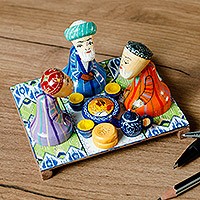 Wood sculpture, 'Sage Gathering' - Hand-Painted Cultural Pine and Birch Wood Sculpture