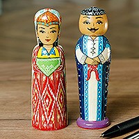 Wood figurines, 'Splendorous Marriage' (set of 2) - Set of 2 Red and Blue Wood Bride and Groom Figurines