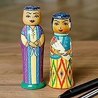 Wood figurines, 'Magnificent Marriage' (set of 2) - Set of 2 Painted Colorful Wood Bride and Groom Figurines