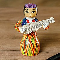 Wood figurine, 'Tanbur Warm Rhythms' - Painted Traditional Vibrant Wood Figurine of Girl and Tanbur