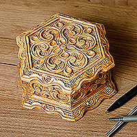 Wood jewelry box, 'Flourishing Treasure' - Hand-Carved Floral Hexagonal Elm Tree Wood Jewelry Box