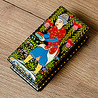 Lacquered wood jewelry box, 'The Farmer' - Painted Black Walnut Wood Jewelry Box with Farmer Scene