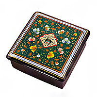 Wood jewelry box, 'Green Eden' - Handcrafted Traditional Floral Green Walnut Wood Jewelry Box