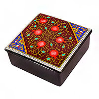 Lacquered wood jewelry box, 'Floral Magnificence' - Pomegranate Tree-Themed Lacquered Walnut Wood Jewelry Box