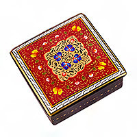 Lacquered and gilded wood jewelry box, 'Red Bloom' - Hand-Painted Lacquered and Gilded Wood Jewelry Box in Red
