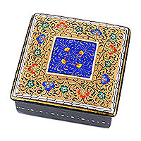 Lacquered wood jewelry box, 'The Golden-Blue Secret' - Handmade Lacquered Golden and Blue Walnut Wood Jewelry Box