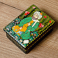 Wood jewelry box, 'Thriving Harvest' - Handmade Black Walnut Wood Jewelry Box with Farmer in Green