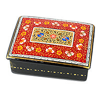 Lacquered wood jewelry box, 'Red Window to the Silk Road' - Hand-Painted Lacquered Walnut Wood Jewelry Box in Red Hues