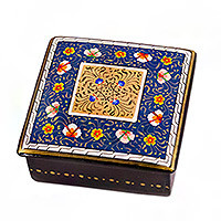 Lacquered and gilded wood jewelry box, 'Blossoming Blue' - Hand-Painted Lacquered and Gilded Wood Jewelry Box in Blue