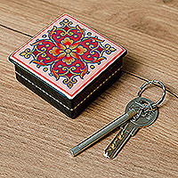 Lacquered papier mache jewelry box, 'Pink Floral Splendor' - Lacquered Hand-Painted Pink Papier Mache Floral Jewelry Box