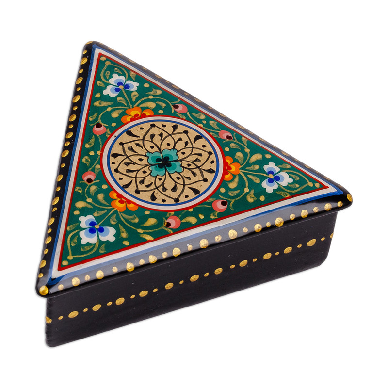 Triangular Jewelry Box Painted Green Triangular Jewelry Box with Round Floral Motif ...