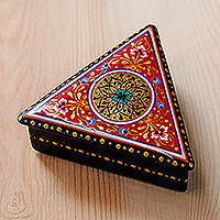 Lacquered papier mache jewelry box, 'Triangular Romance' - Handmade Red Triangular Jewelry Box with Round Floral Detail