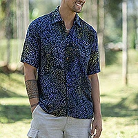 Men's batik rayon shirt, 'Purple Floral' - Men's Handcrafted Rayon Shirt with Purple Batik Pattern