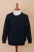 Men's alpaca blend sweater, 'Textures & Azure Diamonds' - Men's Alpaca Blend Sweater in Black and Azure Made in Peru