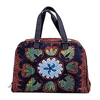 Suzani embroidered travel bag, 'Creating Memories' - Cotton Blend Travel Bag with Suzani Floral Hand Embroidery
