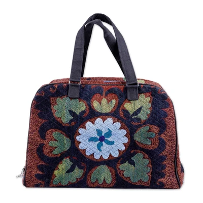 Suzani embroidered travel bag, 'Creating Memories' - Cotton Blend Travel Bag with Suzani Floral Hand Embroidery