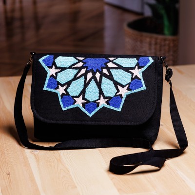Hand-embroidered suzani cotton sling bag, 'Star Radiance' - Cotton Sling Bag with Suzani Hand-Embroidered Star Motifs