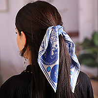 Silk handkerchief, 'Blue Paisley' - Hand-Woven 100% Silk Blue Paisley-Themed Handkerchief